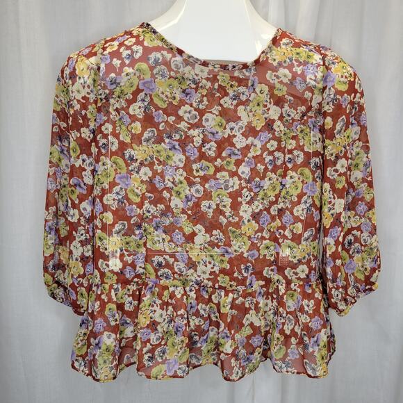 Soprano Floral Sheer Top with 3/4 Sleeves and Peplum, S - Picture 1 of 10
